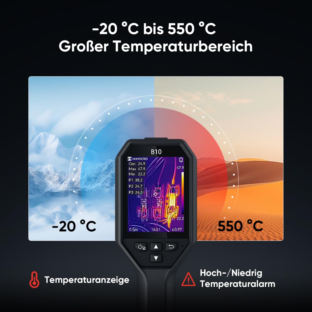 HIKMICRO Wärmebildkamera mit - B10 256 x 192 IR-Auflösung, visuellen 2MP-thermokamera, Vollbildmessung, 25Hz Bildfrequenzmit 3,2" LCD-Bildschirm, Software, IP54, Messbereich -4°F~1022°F