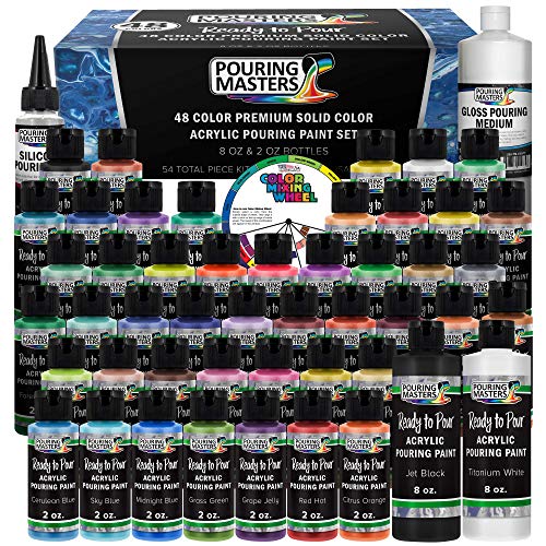 U.s. Art Supply Pouring Masters 48-Color Ready To Pour Acrylic Pouring Paint Set With Silicone Oil & Gloss Medium - Premium Pre-Mixed High Flow 2-Ounce & 8-Ounce Bottles - For Canvas, Wood, Paper, Crafts, Tile #TOP8