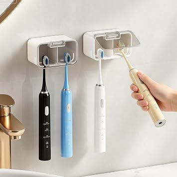 MOPMS Toothbrush Holders for Bathrooms【2 Slot Independent Compartment Design】 2PCS Electric Toothbrush Holder Wall Mounted for Shower, Toothbrush Dispenser Storage Organizer with Cover for Family