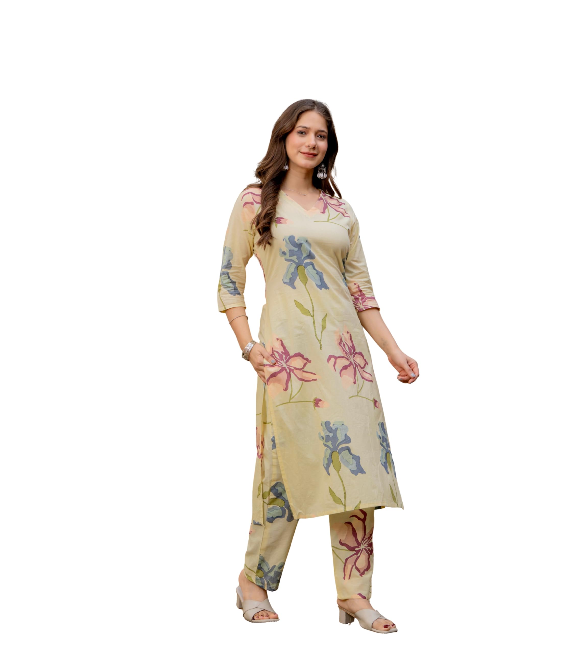 MANHAREE | Women's Cotton Floral Straight Kurta with Palazzo Set |Ethnic Set | Cotton Cord Set Off White