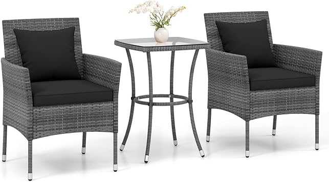 RELAX4LIFE 3-Piece Patio Furniture Set - Rattan Wicker Outdoor Furniture w/Cushions & Tempered Glass Coffee Table, Small Conversation Bistro Table and Chairs Set of 2 for Garden Porch Balcony Black
