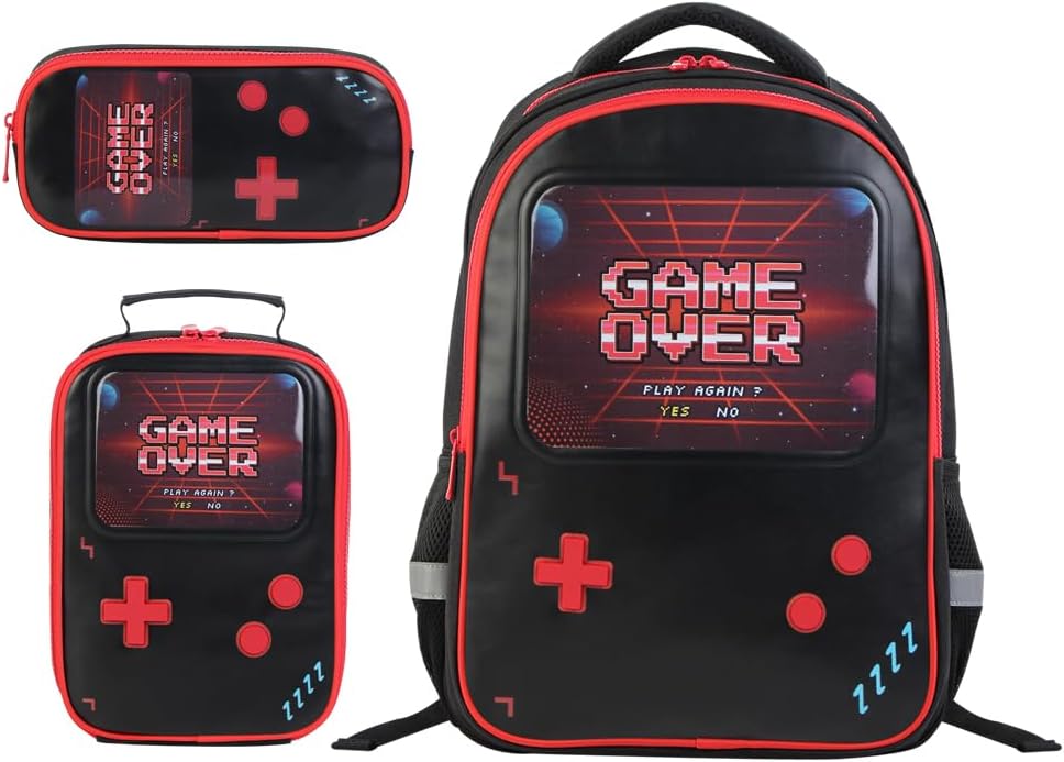Gamer Backpack for Boys 3pcs Gaming Boys Backpack with Lunch Box and Pencil Case for Kids Video Gamer School Bags