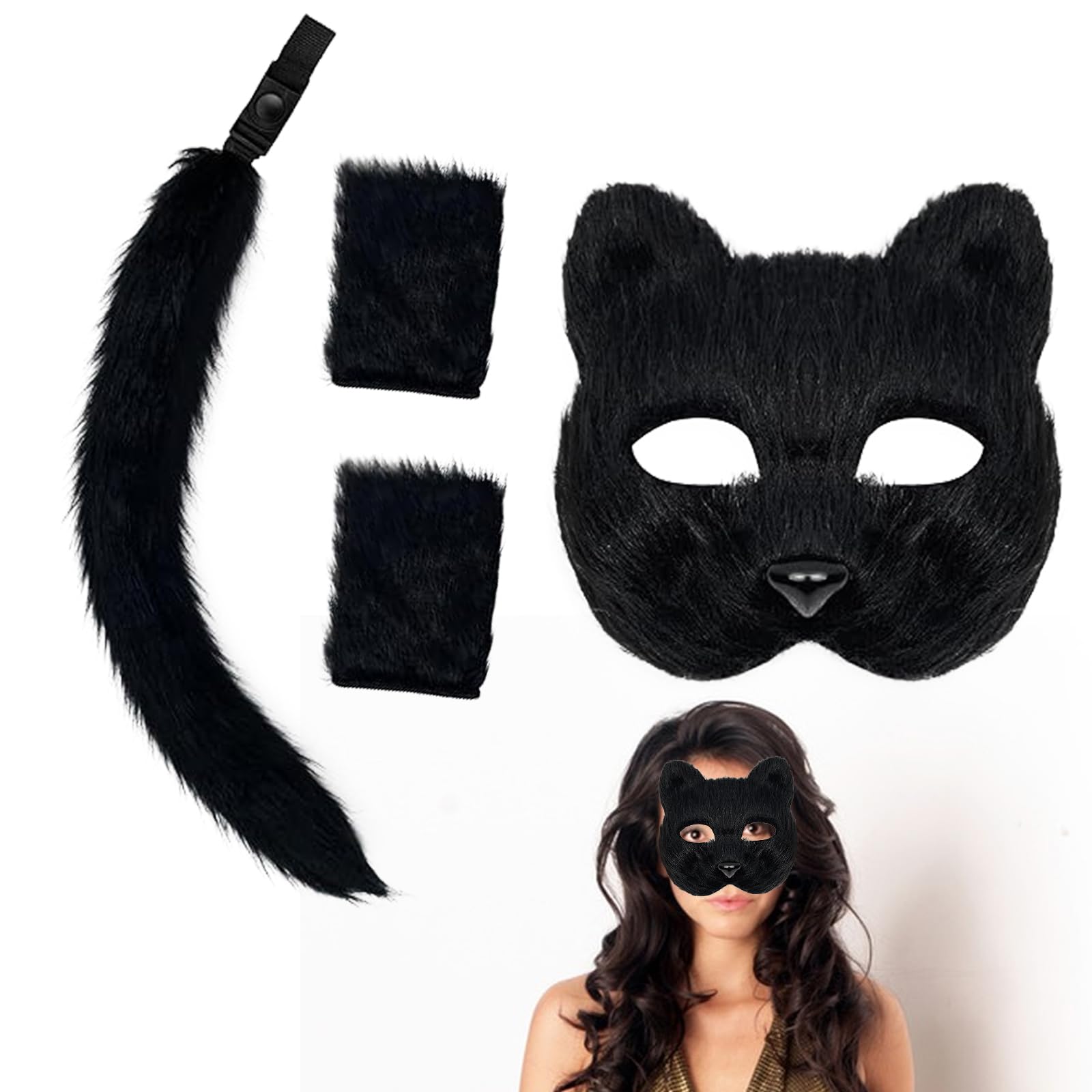 Toyhood Therian Mask and Therian Tail Gloves Set, Furry Cat Mask Long Fox Tail Halloween Cosplay Costume Half Face Masquerade Mask Animal Cosplay Mask for Halloween Carnival Cosplay Party Accessory