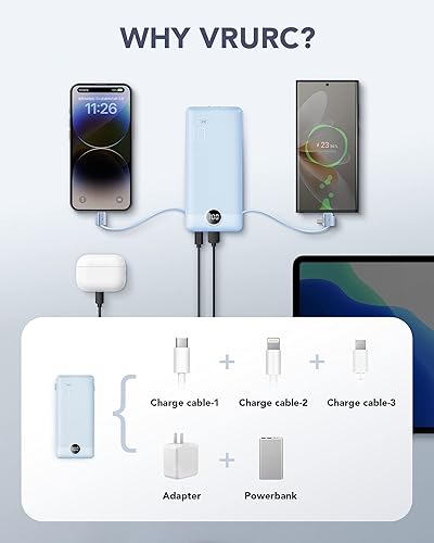 Miniatura 4 de VRURC - Cargador portátil con cables integrados y enchufe de pared AC, banco de energía USB C de 10000 mAh, cargador de teléfono compacto y ligero