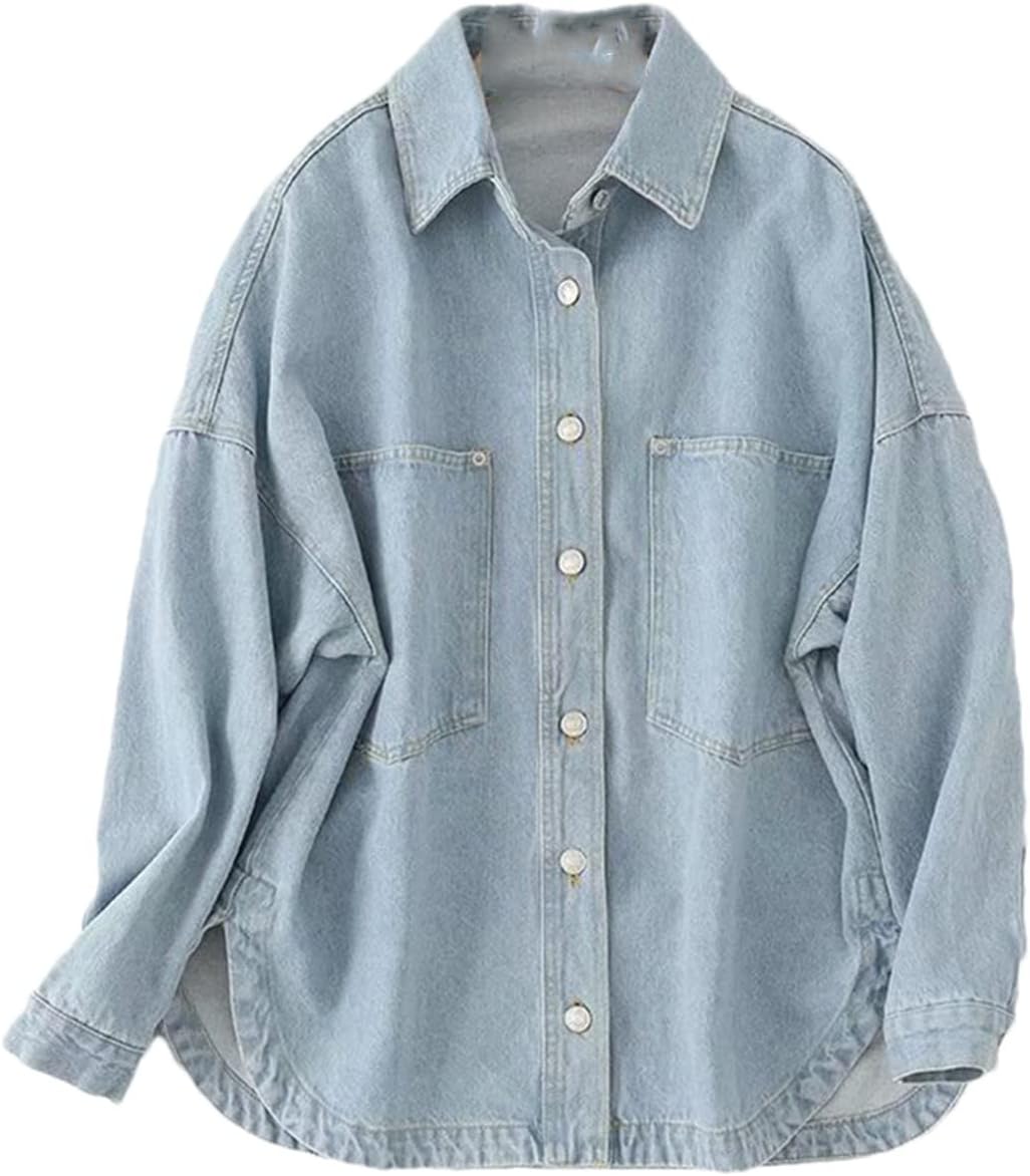 Women Denim Jacket Loose Turn Down Collar Coats Classic Long Sleeve Shacket with Button Closure