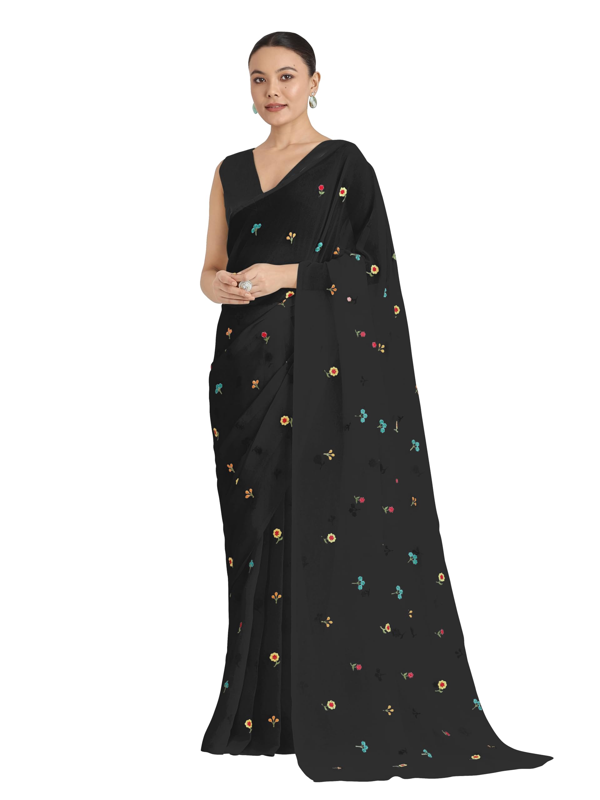 monjolika fashion Women's Georgette Embroidered Saree With Unstitched Blouse Piece-picture-16