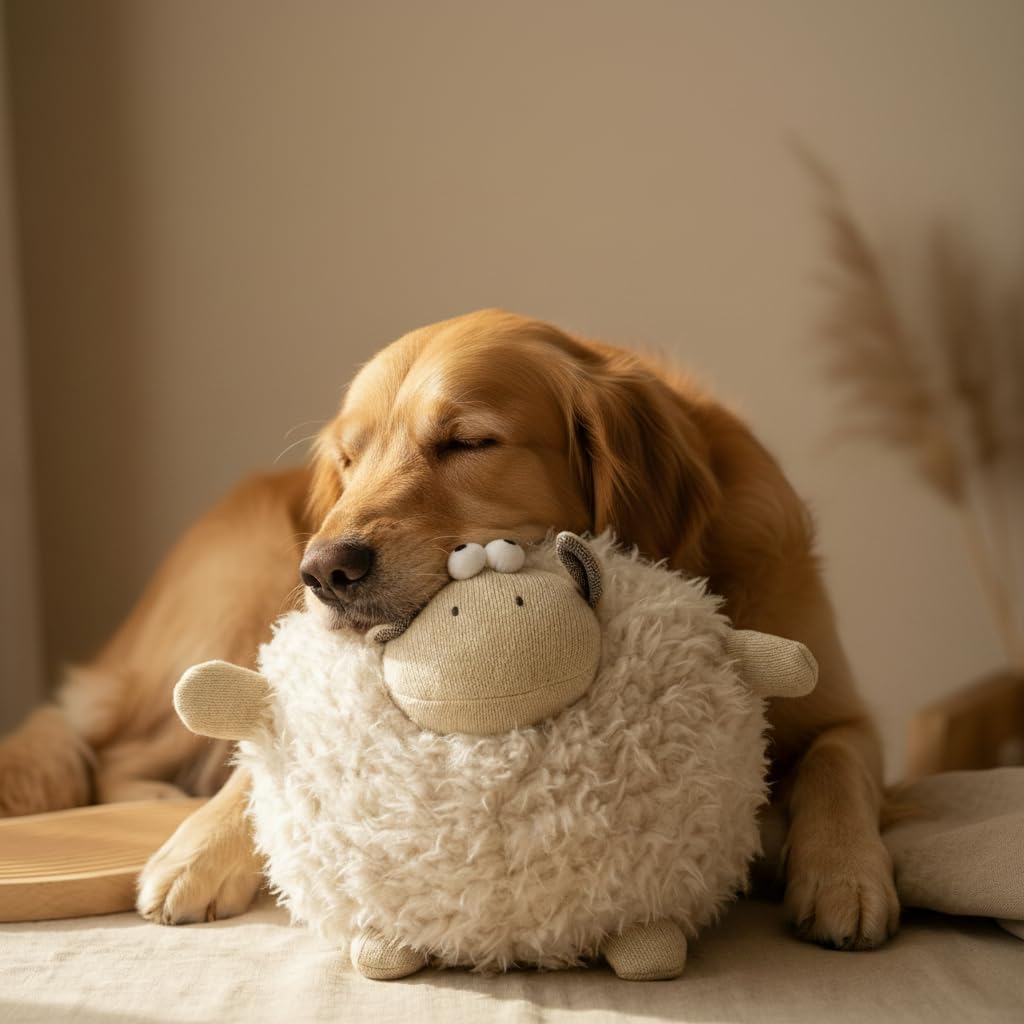Romneys Kuschel-Schaf für Hunde – Extra weiches Hundespielzeug & Kuscheltier – Lockiges Plüsch-Schaf mit formstabilem Innenkissen – zum Spielen, Tragen & Entspannen – ca. 30 cm