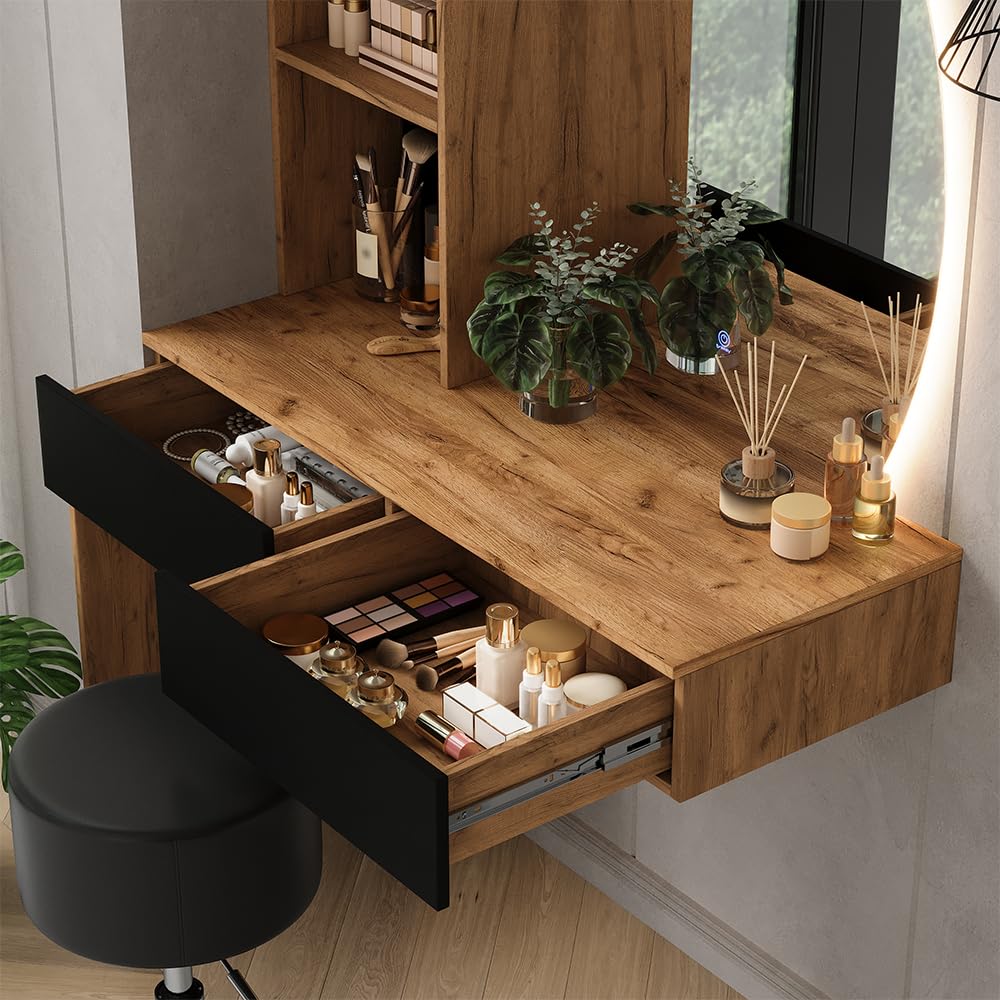 Vicco Tocador Melora, Roble/Negro, 100 cm | con espejo LED y taburete, para guardar cosméticos y accesorios