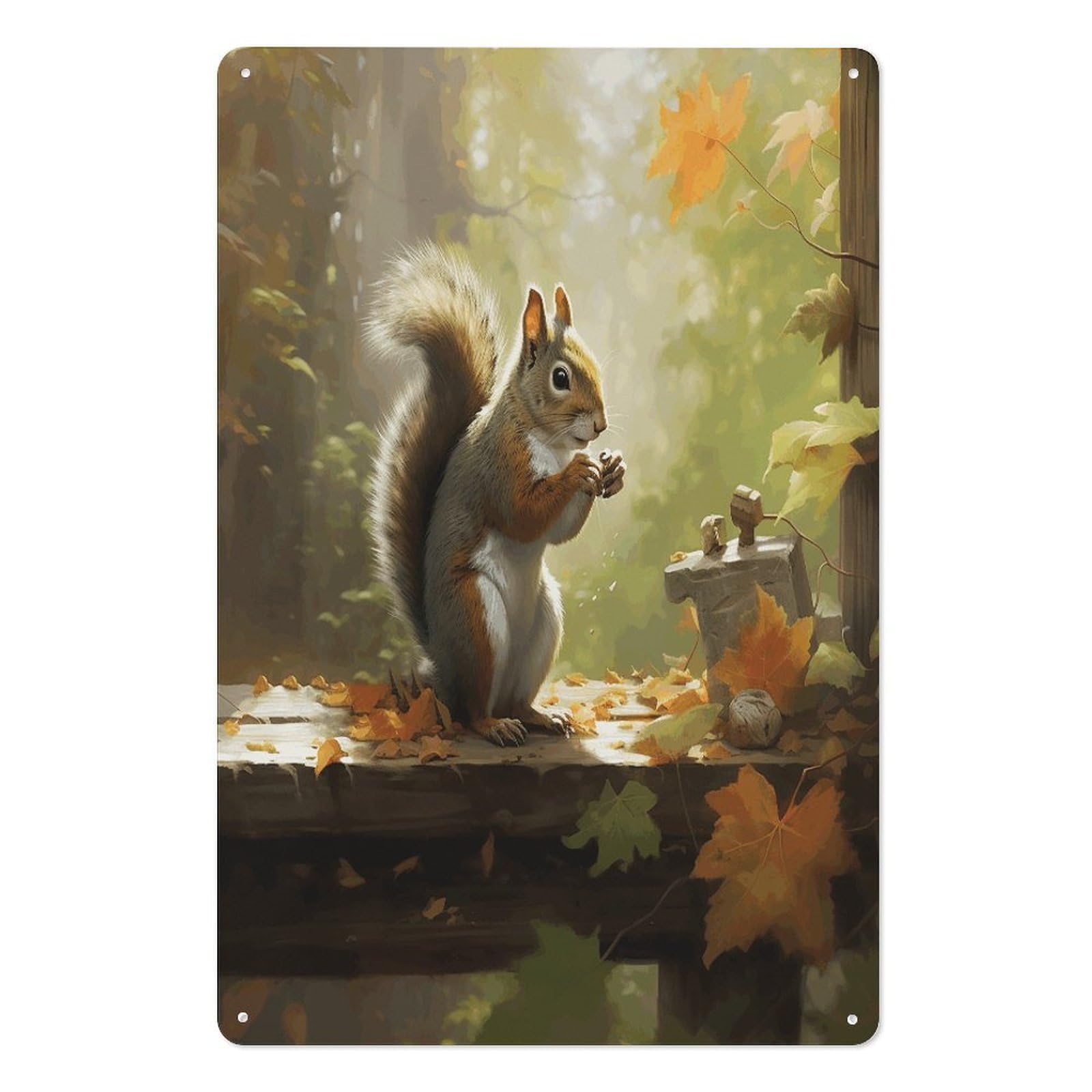 Letrero de lata de ardilla comiendo nueces para decoración de pared en jardín y hogar 20x30 cm