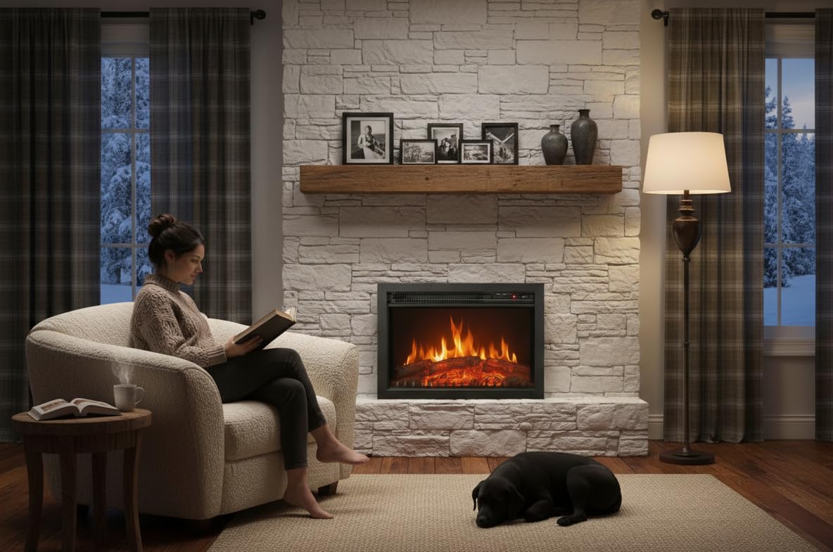 CHEMIN'ARTE Chimenea eléctrica empotrable Oxford con Efecto de Llama Leds - Chimenea eléctrica con calefacción – Inserto de Chimenea - Mando a Distancia - 61x20x45cm