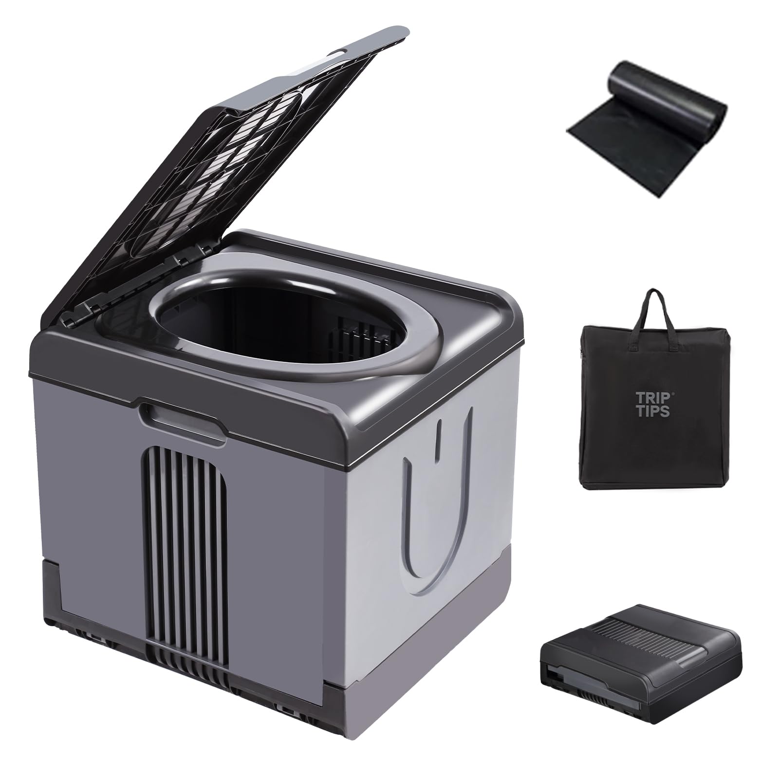 TRIPTIPS Updated Portable Camping Toilet - Extra Large Folding Travel Potty for Adults, Car, Boat, Hiking, Long Trips, Beach - Outdoor Use (Square)