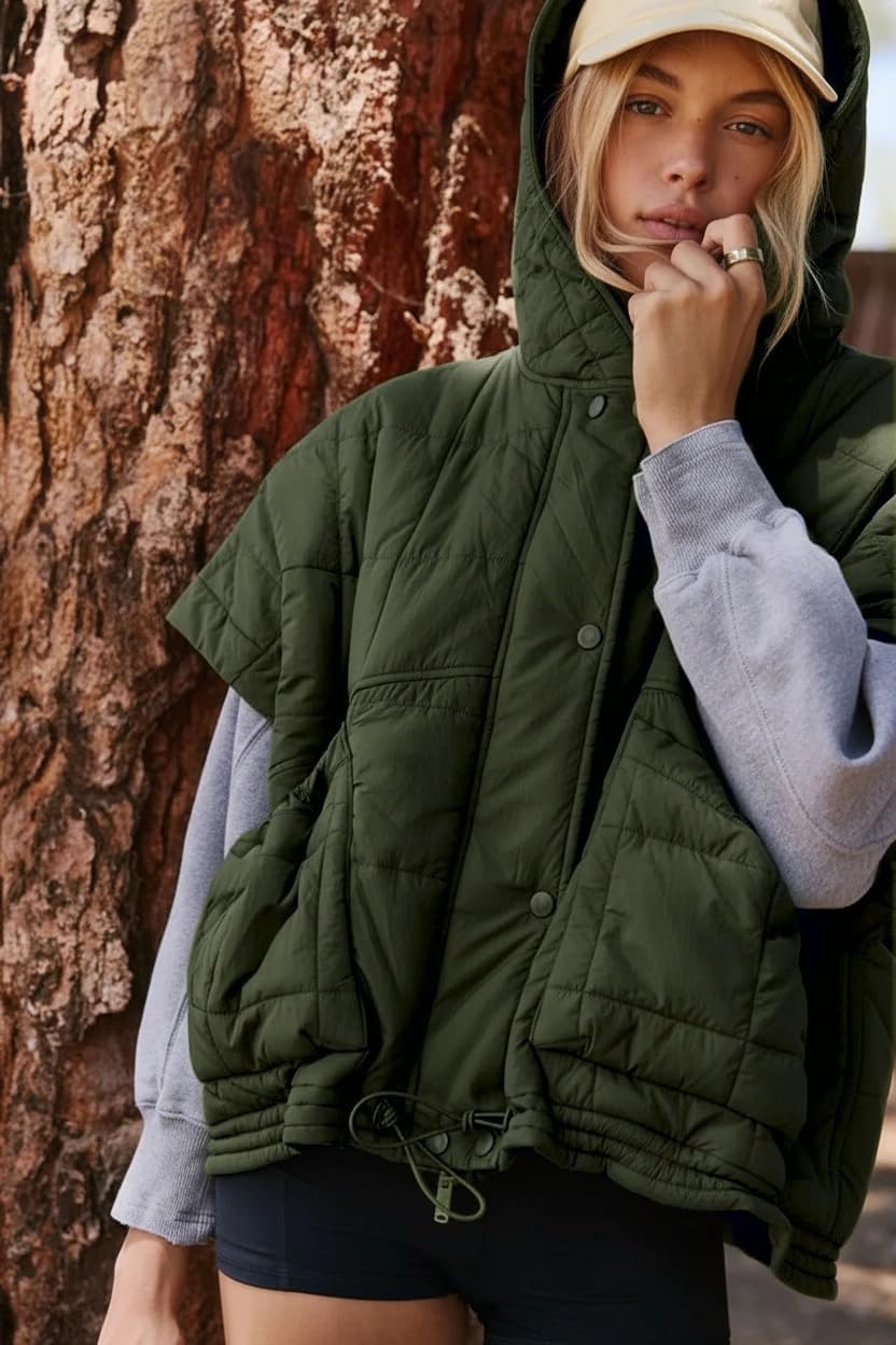 Women's Quilted Puffer Vest with Zip Up Hoodie Oversized Short Sleeves Jacket Casual Outdoor Gilet Outerwear