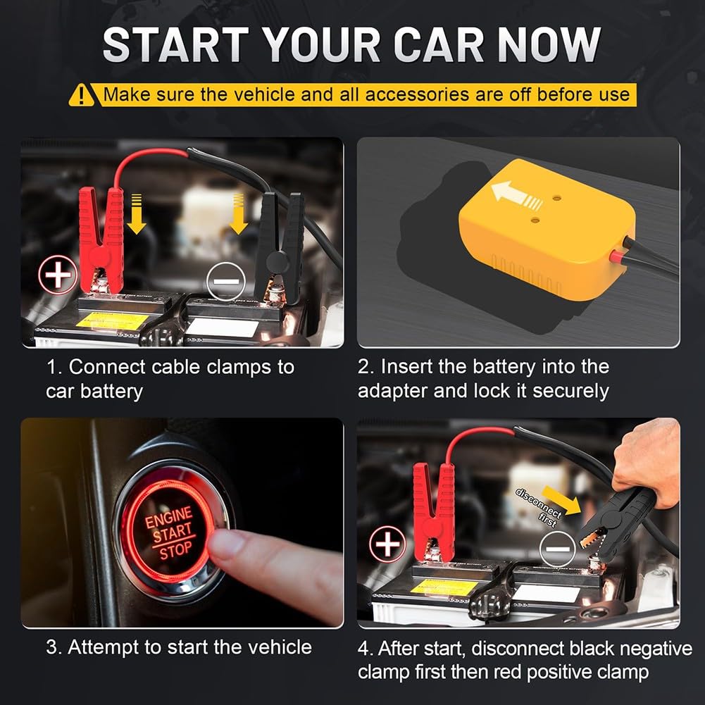 Morsetti per cavi di avviamento di emergenza progettati per funzionare con tecnologia a batteria da 20 V, adatti per requisiti di avviamento automobilistici da 12 V e 24 V
