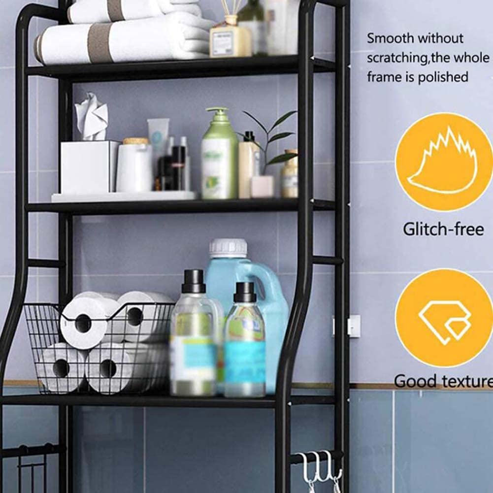 Scaffale a 3 ripiani in metallo antiruggine autoportante con porta carta igienica, per bagno, lavanderia e soggiorno, elegante design nero