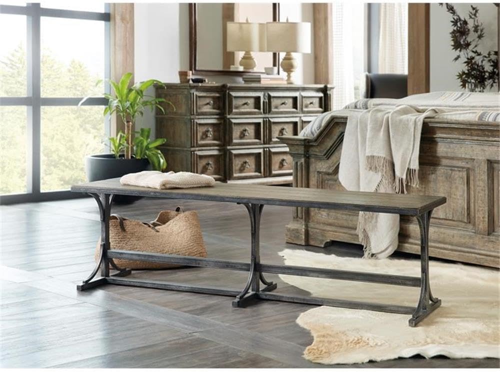 BOWERY HILL Bedroom Bench, Rustic Oak Veneer Wood Seat, Distressed Medium Wash Off Finish, Metal Base with Levelers, Modern Style Bed Bench for Bedroom or Living Room Use