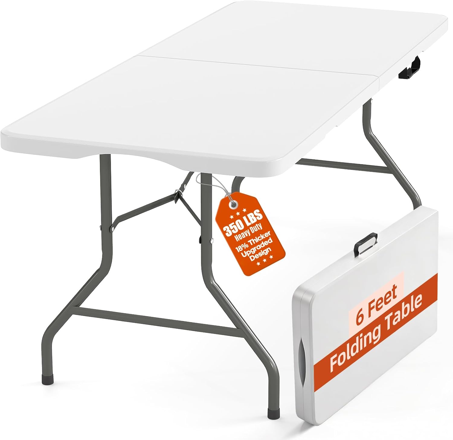 Fenbeli 6FT Folding Table Heavy Duty 350 LBS Capacity, Fold-in-Half Portable Banquet Table with 18% Thicker HDPE Top for Party, Wedding, Camping, Vendor Booth — Seats 6-8, Indoor Outdoor