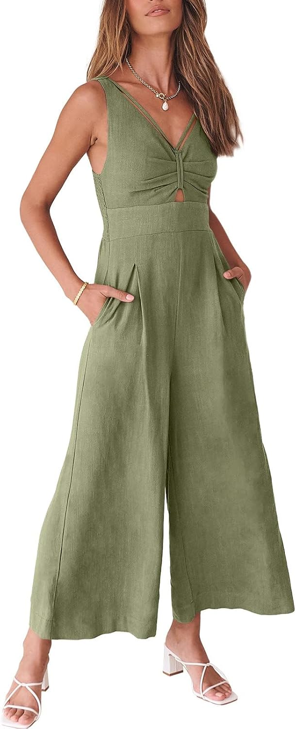 ANRABESS Women's Summer Wide Leg Linen Jumpsuits Dressy V Neck Sleeveless Casual Pants Rompers 2024 Vacation Beach Outfits Large Olive