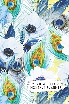 2020 Weekly & Monthly Planner: Peacock Feathers & Blue Poppy Flowers Themed Calendar & Journal
