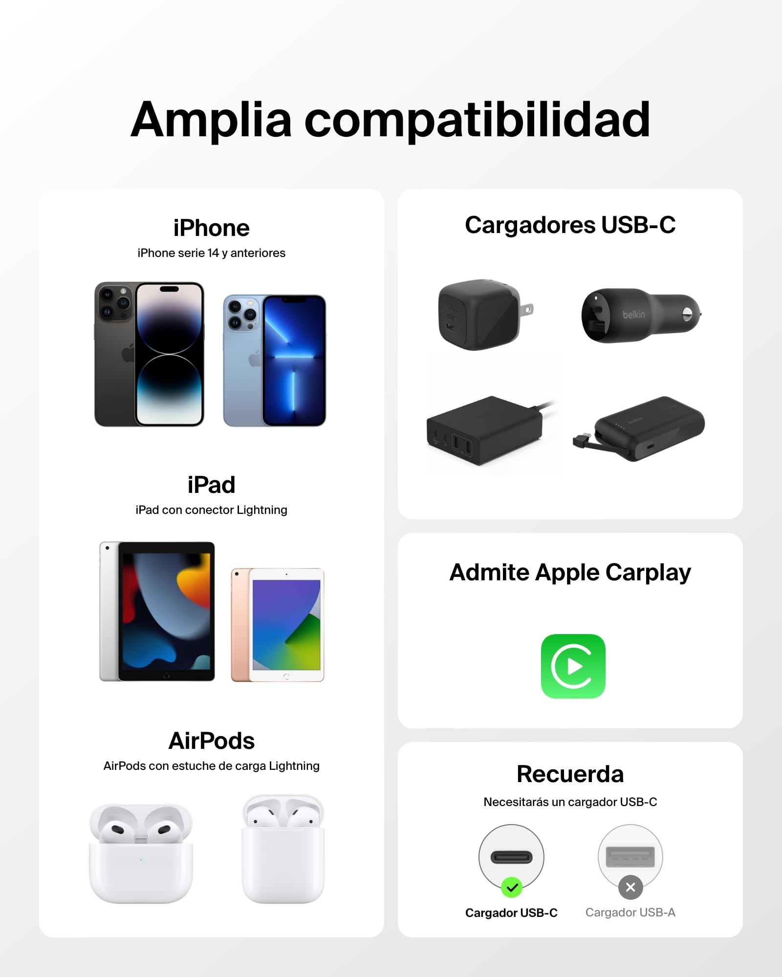 Belkin Paquete de 2 Cables Trenzados USB-C con conector Lightning de 1,5 m, carga rápida, cables de alimentación suaves y flexibles, iPhone 14 y anteriores, iPad de 9.ª generación y AirPods, Blanco