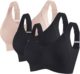 3PC Womens Wireless Bras No Underwire Push Up Bra Seamless Ribbed Cozy Full Coverage Adjustable Straps Everyday Bra