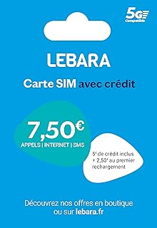Carte Sim prépayée Lebara incluant 7,50E de crédit (5E + 2,50E offerts) – Appels, SMS et internet en France et à l’international à prix réduits.