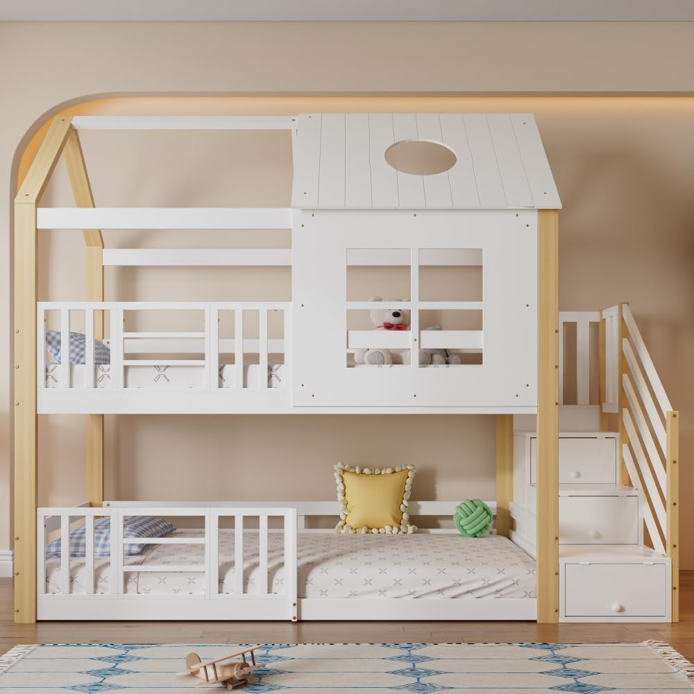 Litera para niños de 90 x 200 cm, con escalera de almacenamiento y techo, barrera anticaídas, diseño de ventana para habitación infantil