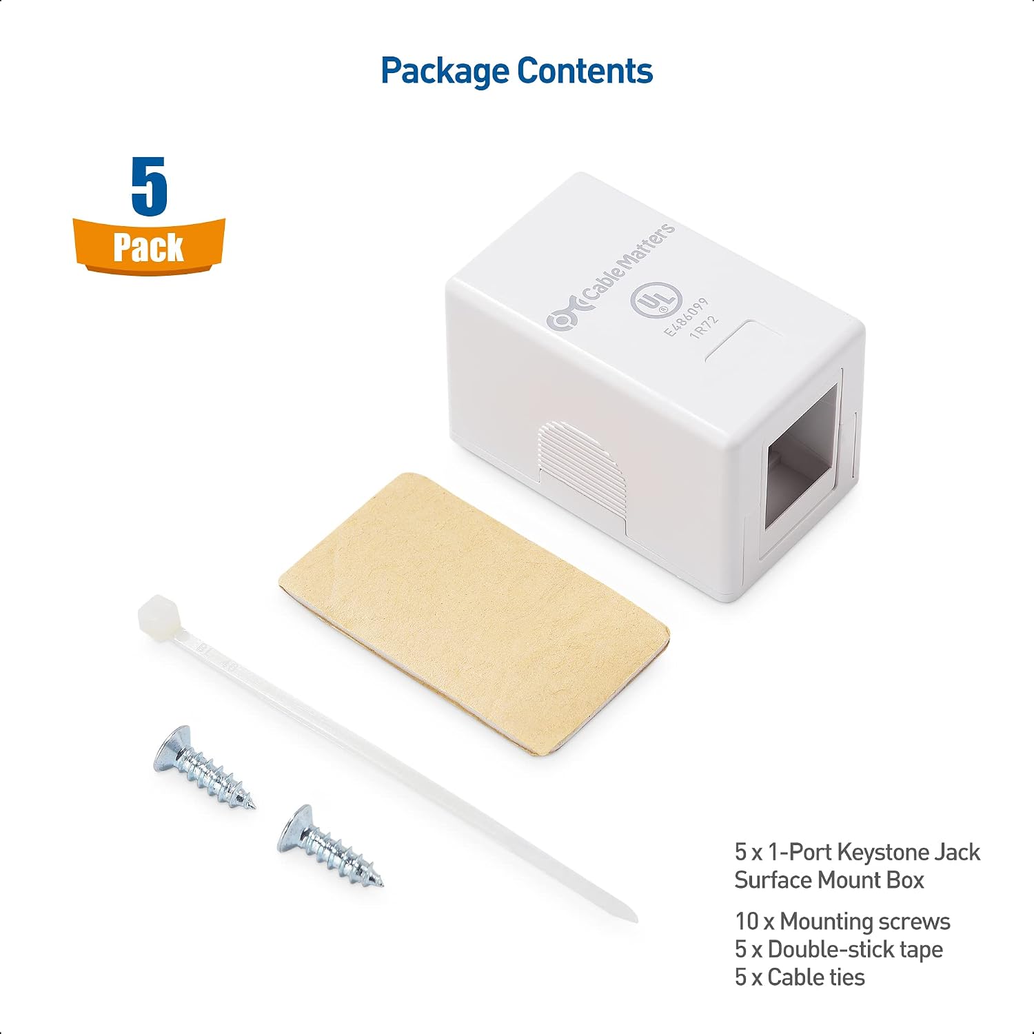 Cable Matters UL Listed 5-Pack 1-Port Keystone Jack Surface Mount Box in White