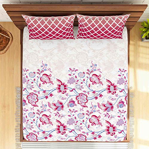 Image of Spaces Atrium 144 TC 100% Cotton King Size Fitted Double Bedsheet with 2 Pillow Covers (Floral, 72 inch X 78 inch Inches ) - Pink