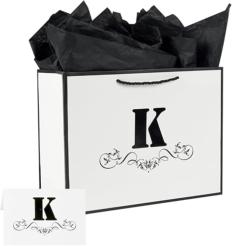 ysmile Bolsa de regalo de letras con papel de envoltura para hombres y mujeres, bolsa de papel grande de 12 pulgadas de color blanco y negro para