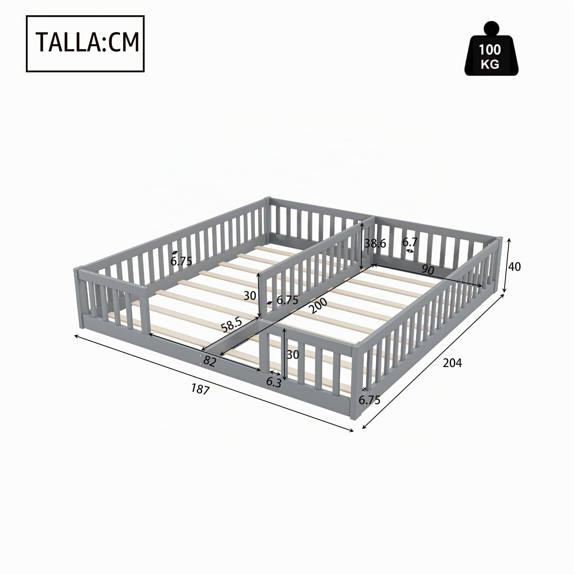 Cama tapizada, 90 x 200 cm, cuna con barandilla, con somier (sin colchón), para familias con dos niños, madera de pino, estilo minimalista (gris, con somier)