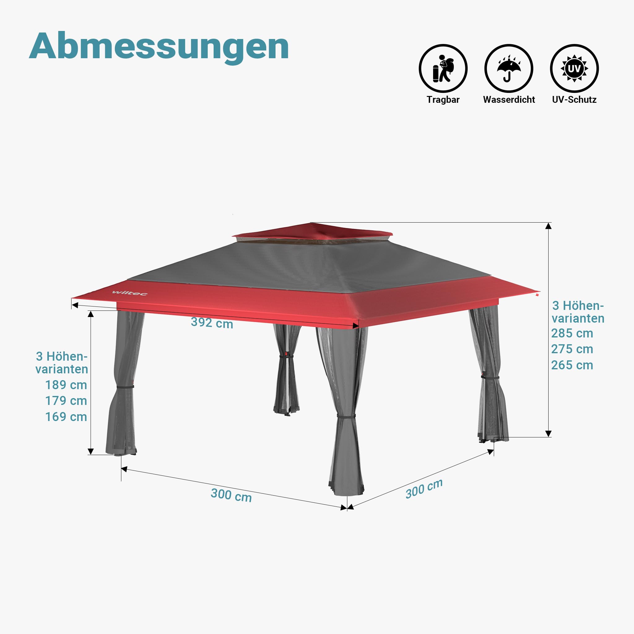 Wiltec Faltpavillon Moskitonetz 3,92 x 3,92 m grau rot, Gartenpavillon mit Rädern und Mückennetz, Partyzelt mit One Push-Technik und verstellbaren Beinen