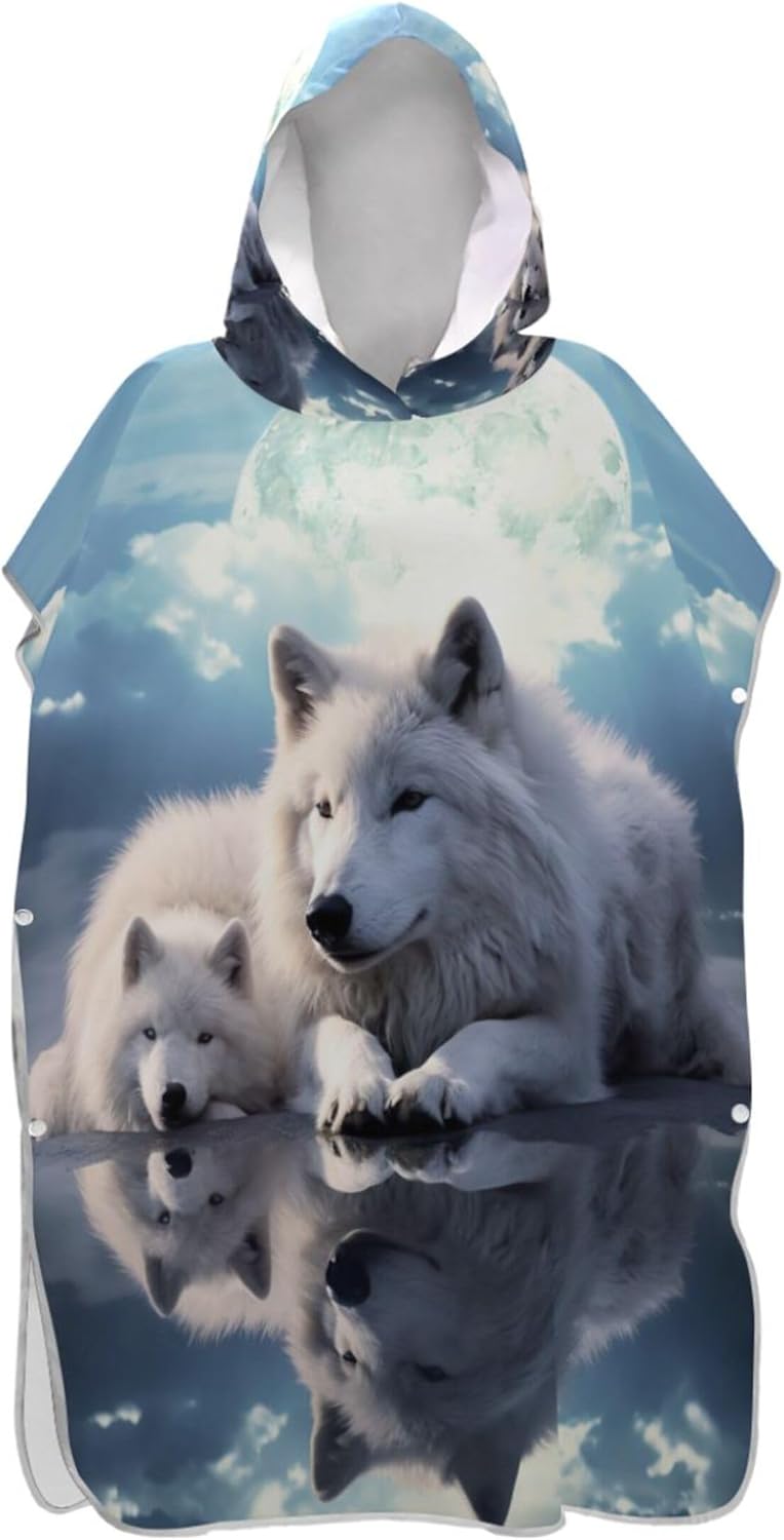 Quick Dry Surf Poncho Changing Robe for Adults Hooded Swimming Towel Wolf Print Cool Adult Ponchos for Women