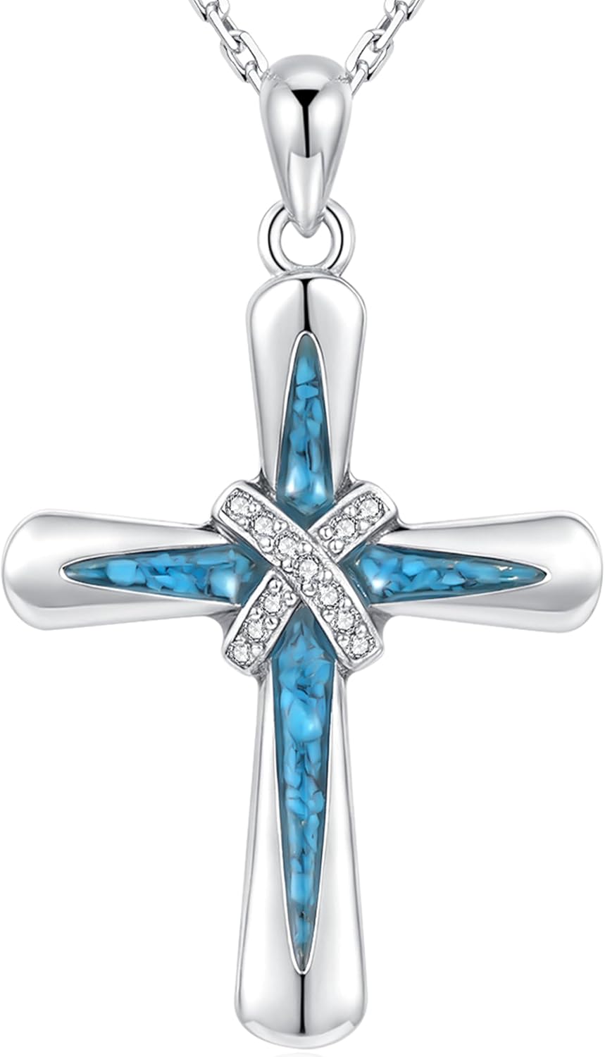 Cross Necklace for Women Sterling Silver Turquoise Jewelry Faith Goth Cross Pendant Western Religious Gifts Jerusalem Blue Crosses for Mother Daughter Birthday