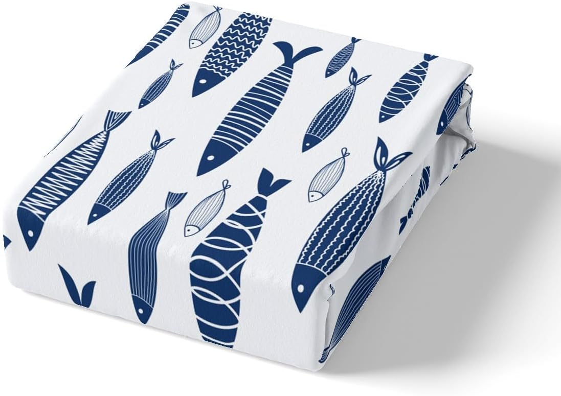 jejeloiu Cute Fish Bed Sheet Set Twin Size Ocean-Inspired Gifts for Men Teen Boys Decor Fitted Sheet Nautical Fish Design Bedding Set Breathable Soft Lightweight Microfiber Lake Themed Bedroom Decor