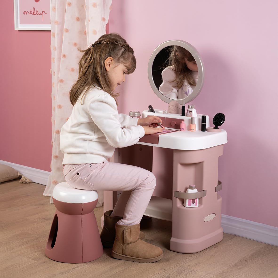 Smoby - Tavolo da toeletta My Beauty - Parrucchiere, Salone per unghie, Set da trucco - Specchio, Contenitore - 15 accessori - Materiale riciclato - Dai 3 anni - Prodotto in Francia
