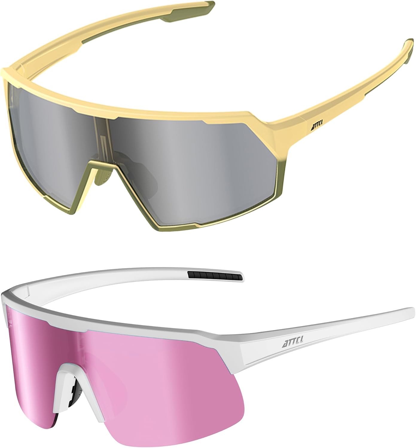 ATTCL Bundle Unisex Sports Cycling Sunglasses Men Women Biking Glasses UV Protection MTB Bicycle Riding Goggles:(KC08-Yellow-Silver)+(KC07-White-Pink)
