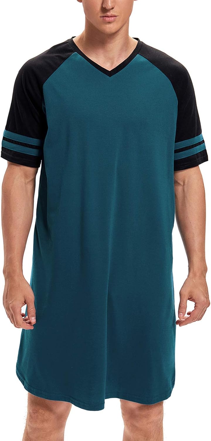 MINTLIMIT Men's Cotton Nightwear Long Night Shirts Short Sleeve Sleepwear Pockets Nightgown Big&Tall Soft Sleep Shirt M-XXXL