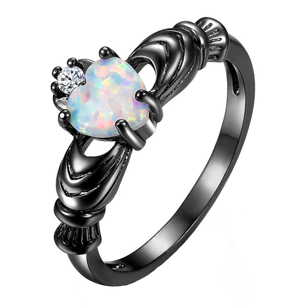 JAJAFOOK 925 Silver Heart Shape Blue Simulated Opal and Cubic Zircon Claddagh Engagement Bridal Rings