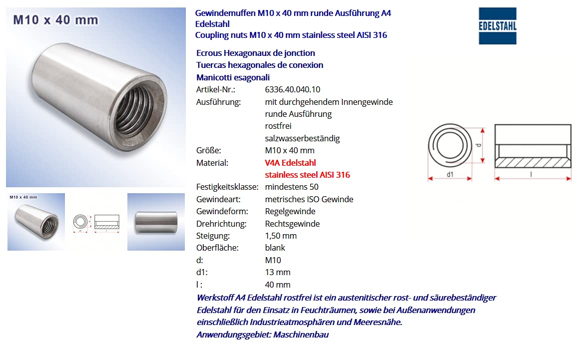 Manguito de rosca redondo A4, de acero inoxidable, tuerca de conexión, tuerca larga V4A, modelo redondo, M6, M8, M10, M12, M16, M20 (50, M10 x 40 mm)