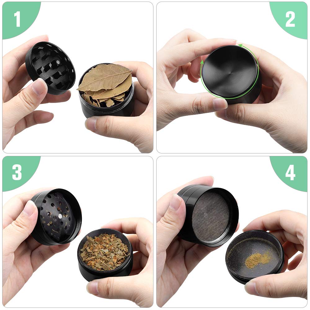 Anpro Grinder 55 mm Spezie Macina Tritino 4 Pezzi Spezie Grinder in Metallo con Setaccio per Polline, Coperchio Magnetico e Raschietto, Nero