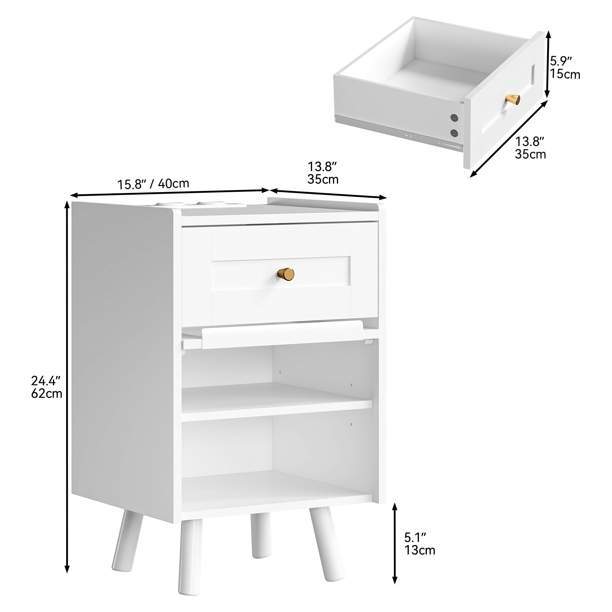 YITAHOME Comodino con striscia luminosa a LED a 7 colori, comodino con cassetto e ripiano regolabile, tavolino nero per camera da letto, soggiorno, 40 x 35 x 62 cm, bianco
