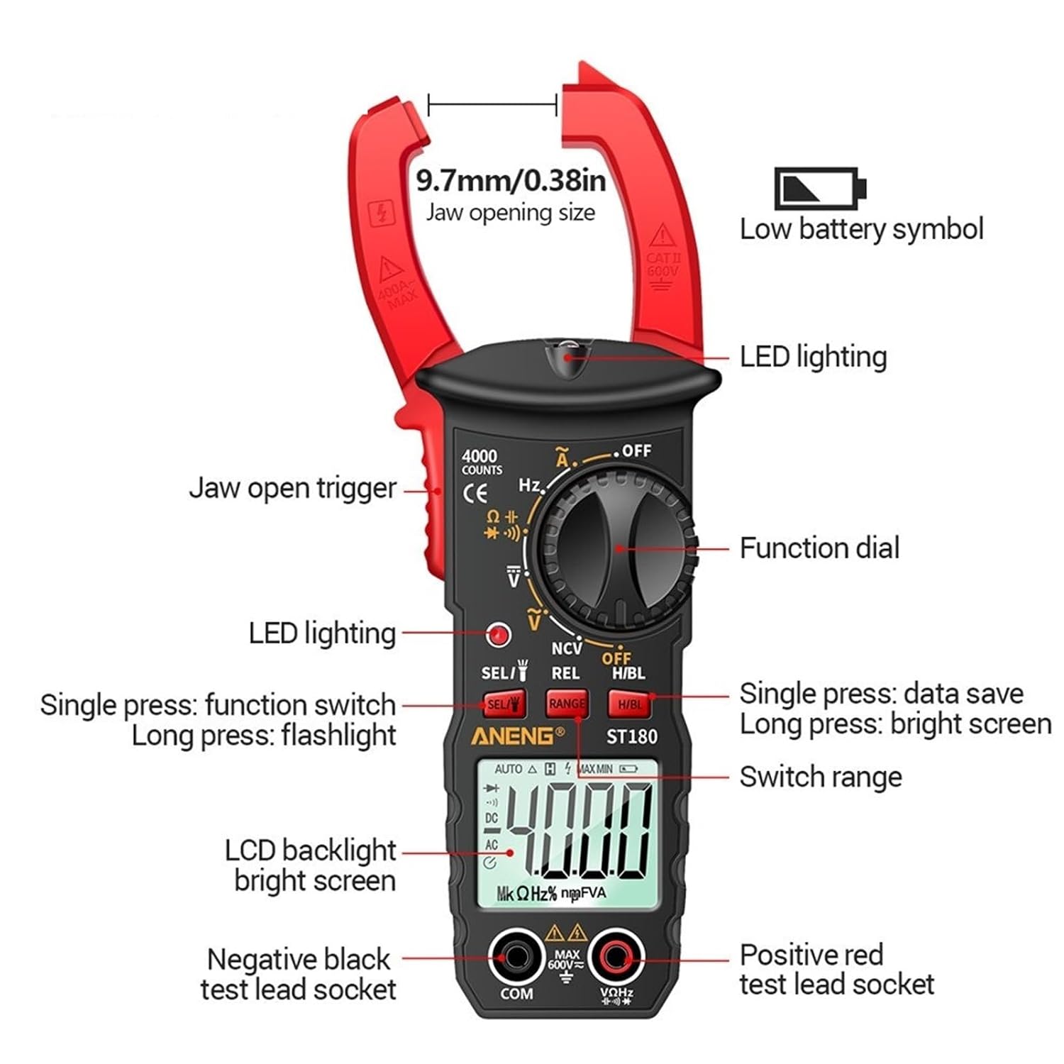ST180 4000 Counts Digital Clamp Meter AC Current Multimeter Ammeter Voltage Tester(ST180 red)