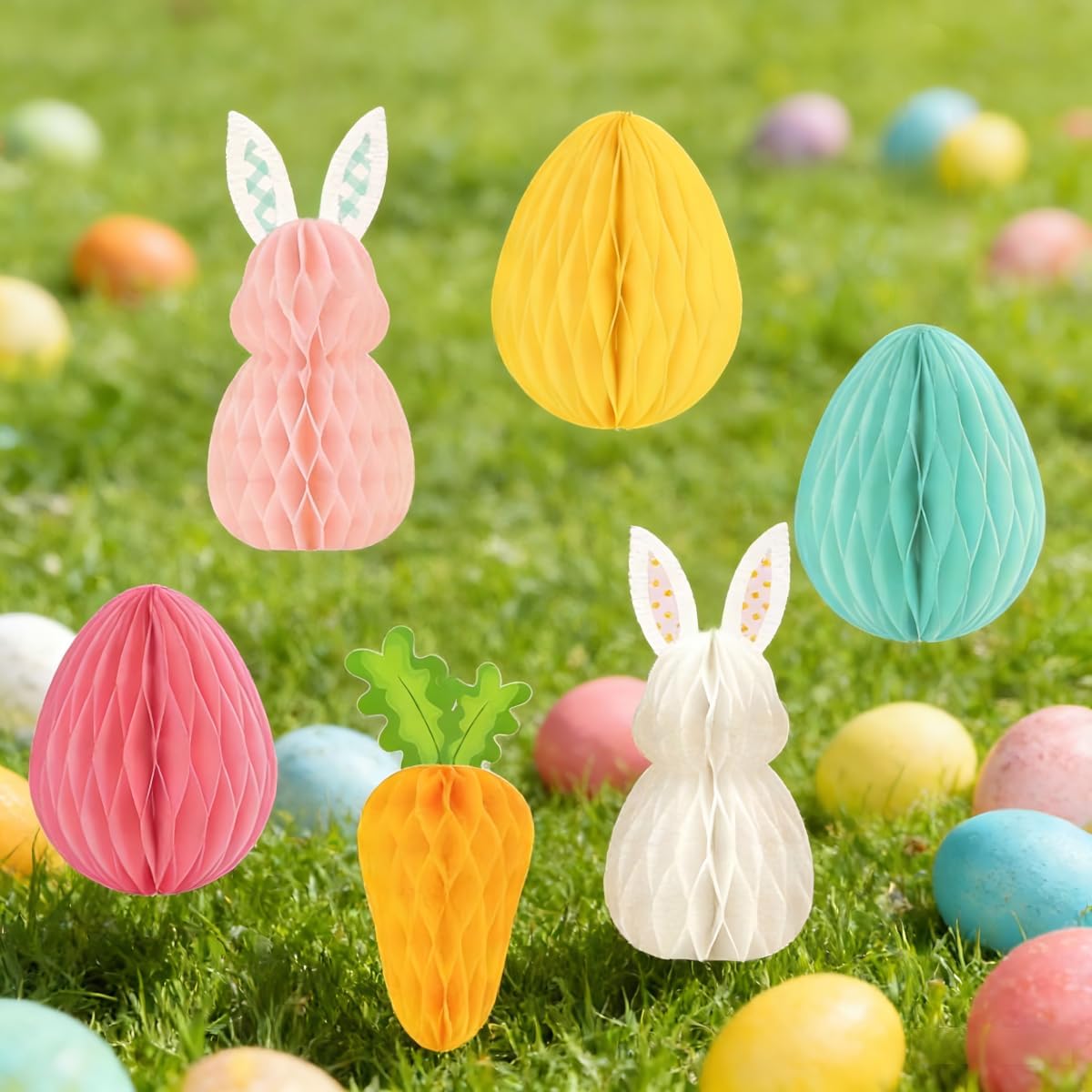 6 Pcs Easter Party Decorations, Easter Hanging Honeycomb Paper Egg, Bunny and Carrot Ornaments, Table Centerpiece Set for Home, Yard, Window, Hunt, Basket & Party Decor, Spring Tissue Paper Decor