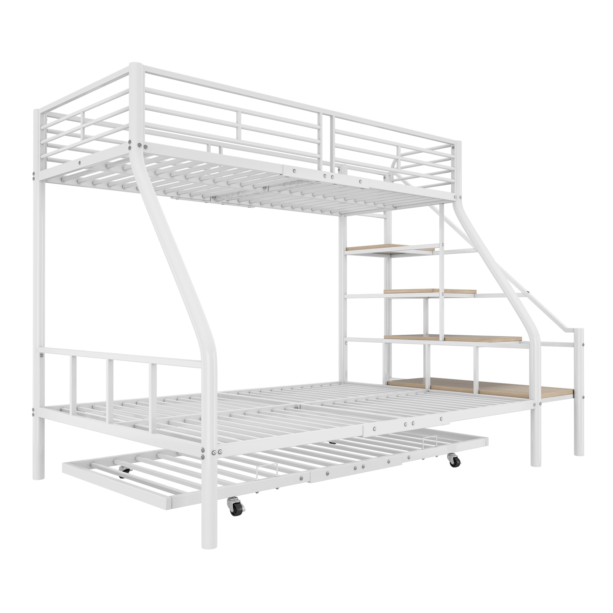 Letto A Castello Con Letto Estraibile - 90x200 Cm, Struttura Metallica, Bianco, Per Bambini E Adulti