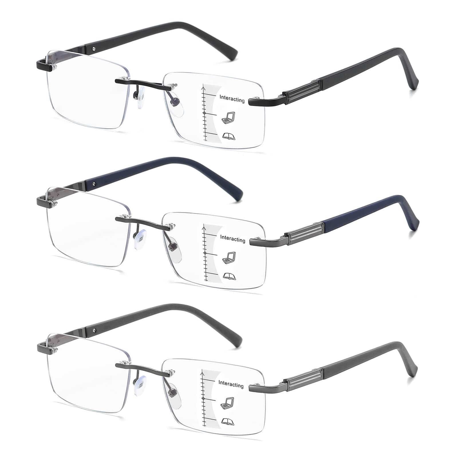 LKEYE Progressive Multifocus Reading Glasses Men Multifocal No Line Blue Light Computer Readers Rimless Frame Spring Hinge