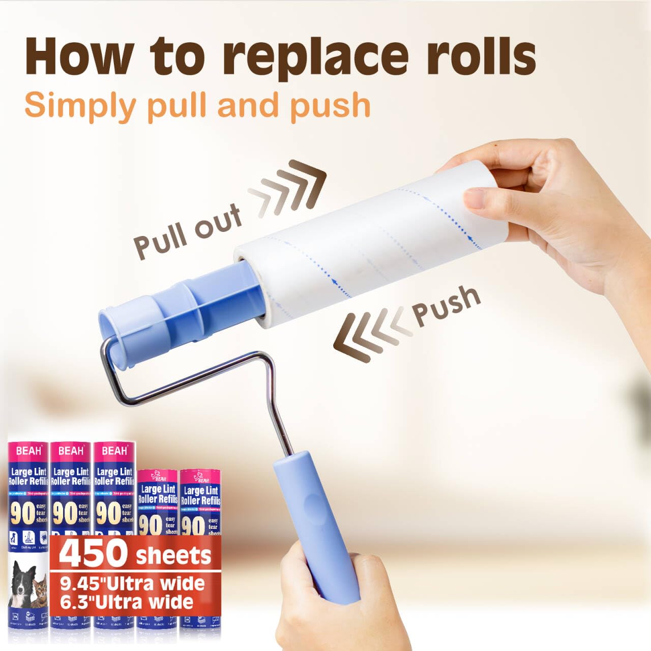 BEAH Grand rouleau anti-peluches extra collant pour poils d'animaux de compagnie, 24 cm, outil d'épilation pour animaux de compagnie (1 rouleau + 3 rouleaux longs, 2 rouleaux courts)