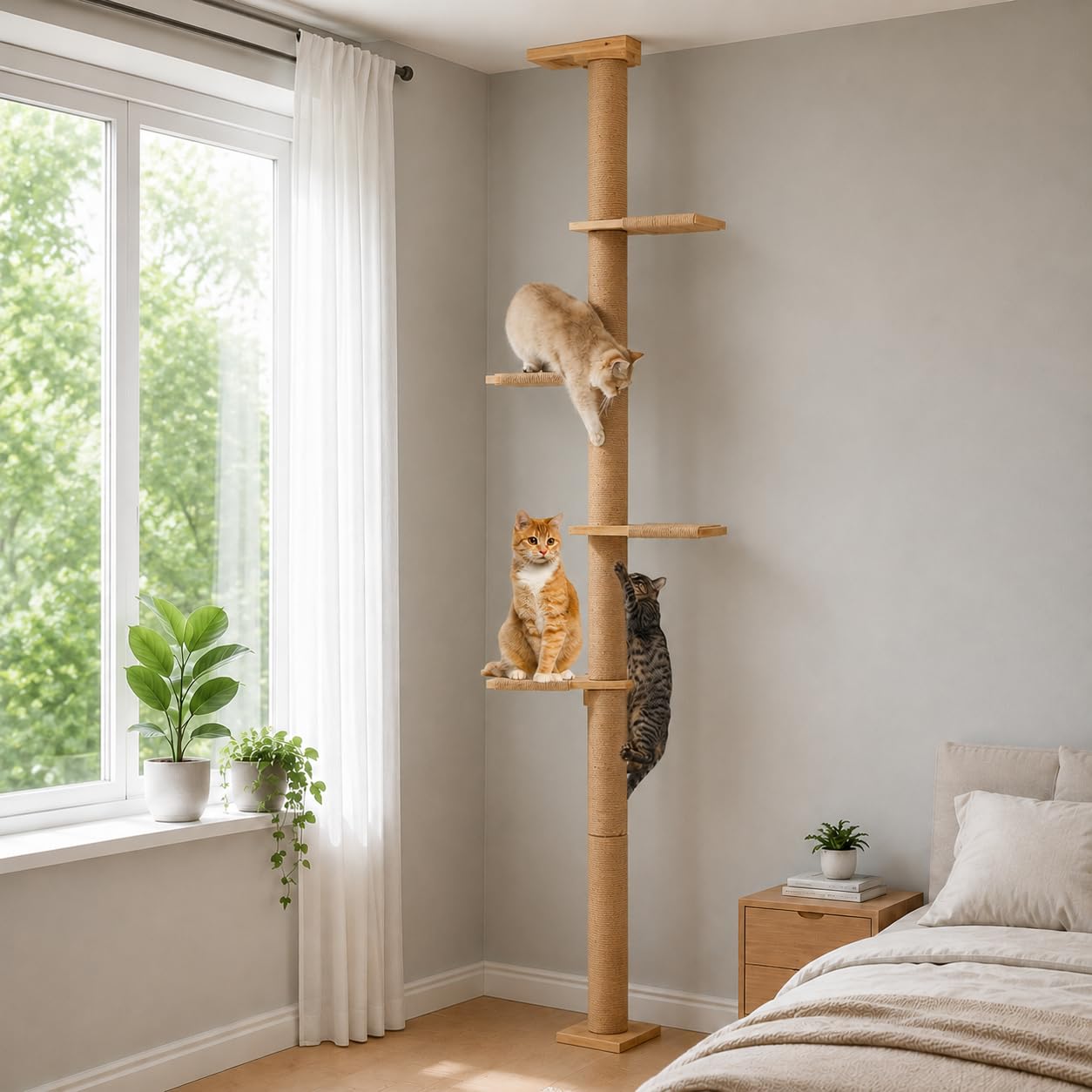 Árbol rascador de 5 niveles para gatos (206 cm), ajustable desde el suelo hasta el techo, estable montado en la pared con rascador, para gatos para escalar, rascar