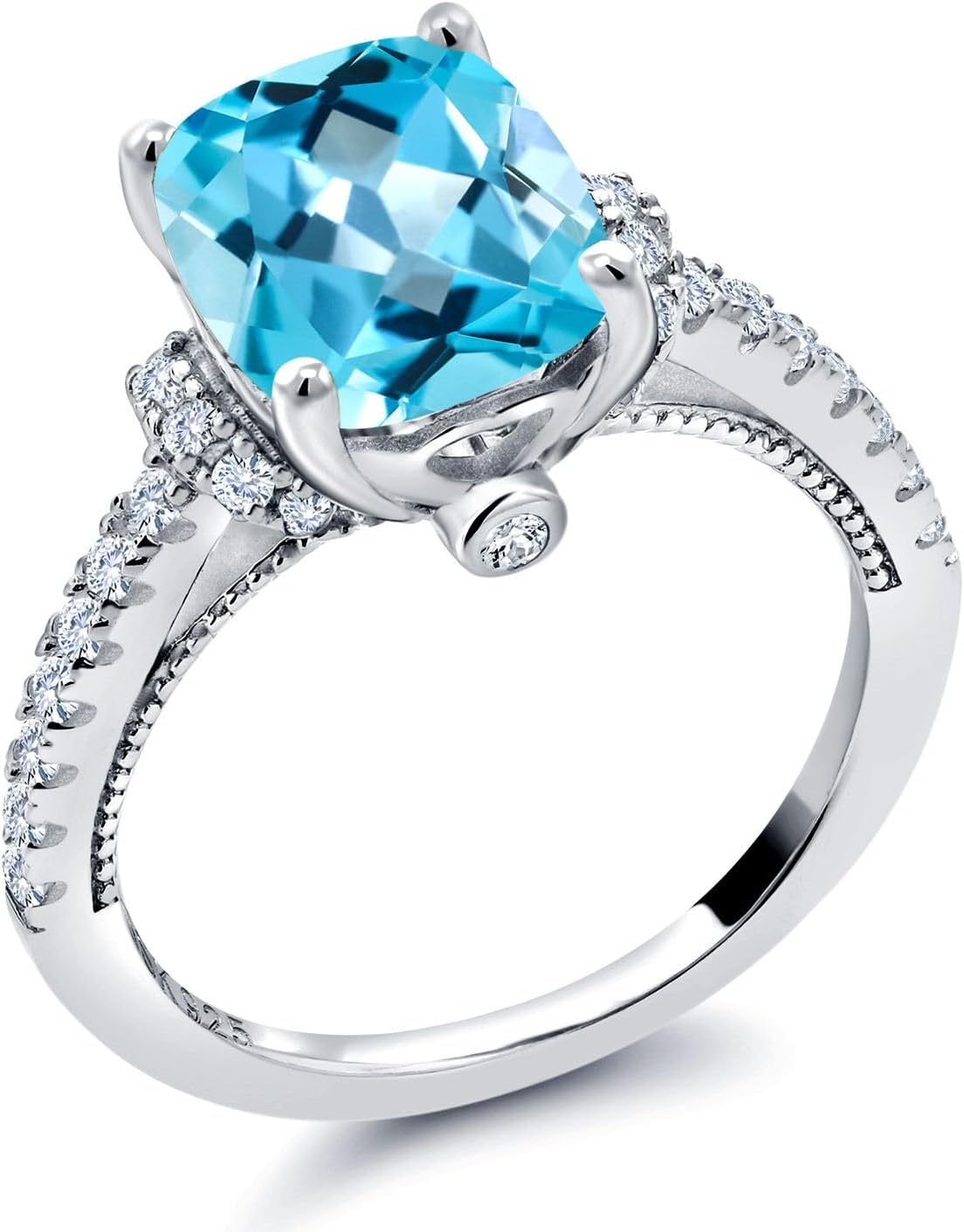 Gem Stone King 4.00 Cttw Swiss Blue Topaz and White Created Sapphire Engagement Ring For Women | 925 Sterling Silver | 10X8MM Cushion Cut | Wedding Anniversary Promise Ring For Women - Image 3