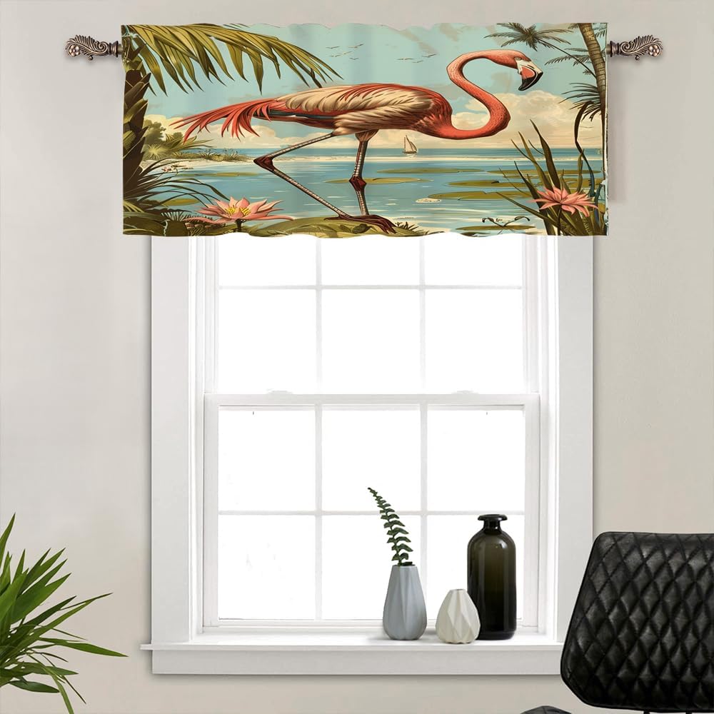 1 Panel Vintage Palm Tree Leaf Valance for Windows, Rod Pocket Fantasy Jungle Flamingo Bird Short Curtains Window Treatment for Kitchen/Bathroom/Laundry Decor, 54" W X 18" L