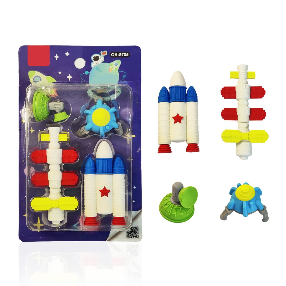 FunBlast Space Rocket Theme Erasers for Kids - Kawaii Rubber Stationary Set for Girls/Boys (Multicolour)